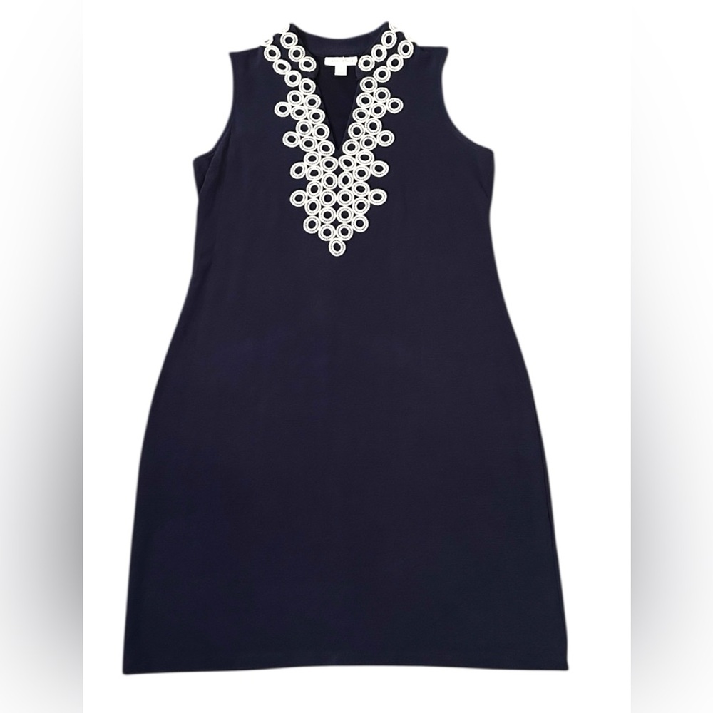Charter Club Blue Embroidered Ribbed Shift Knee Length Shift Dress Size Small